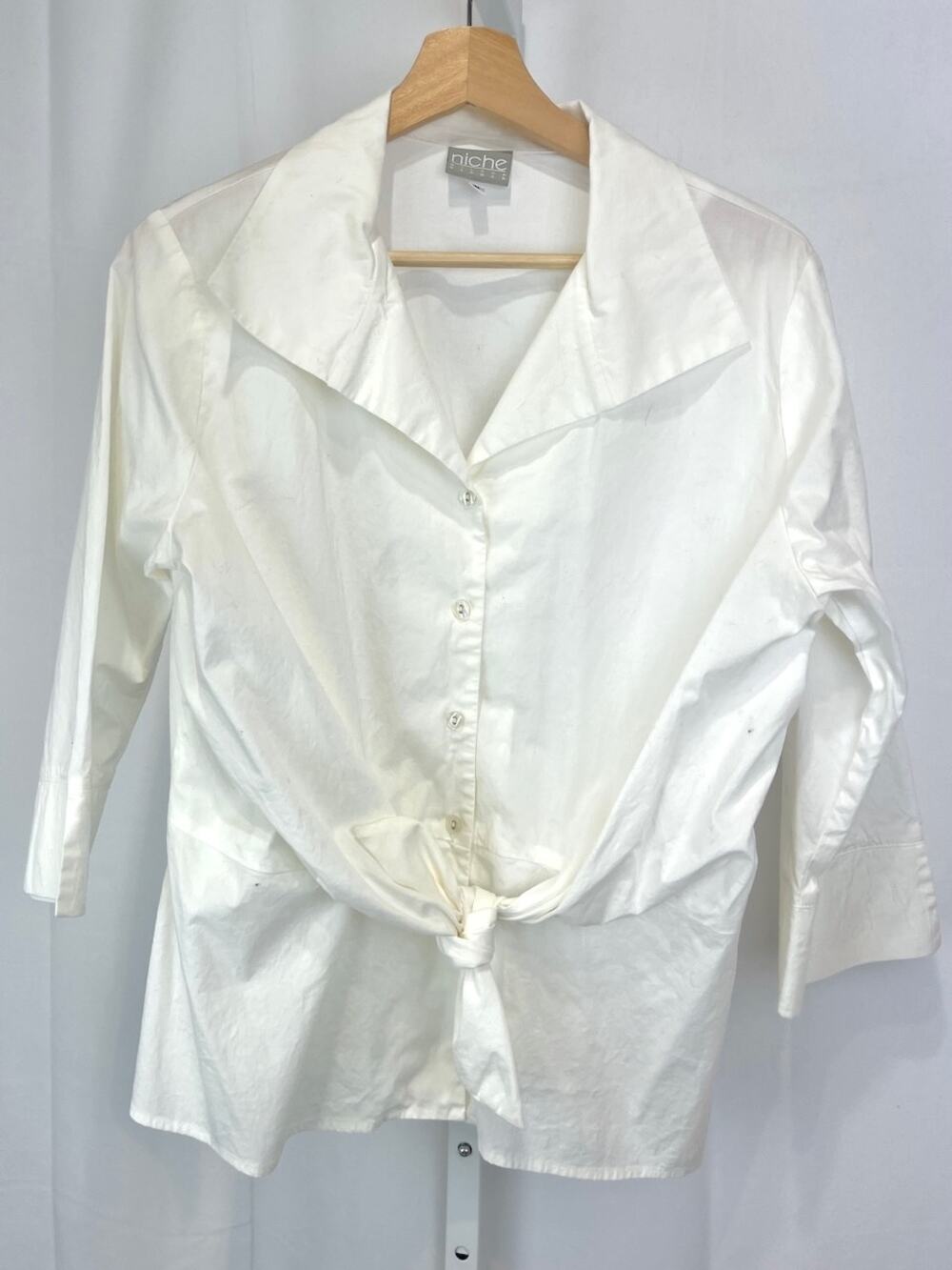 NICHE Nilgun Derman Tie Front Button Down Shirt 3/4 Sleeve Cotton White Size S